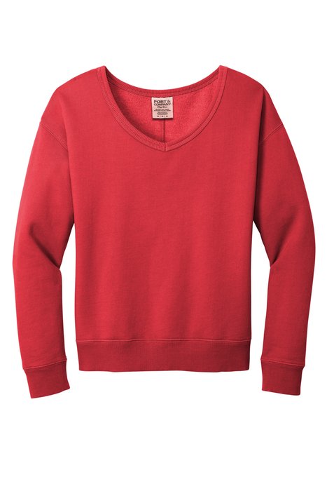 LPC098V Port & Company Ladies Beach Wash Garment-Dyed V-Neck Sweatshirt Poppy