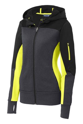 LST245 Sport-Tek Ladies Tech Fleece Colorblock Full-Zip Hooded Jacket Black/ Graphite Heather/ Citron