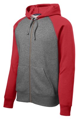 ST269 Sport-Tek Raglan Colorblock Full-Zip Hooded Fleece Jacket Vintage Heather/ True Red