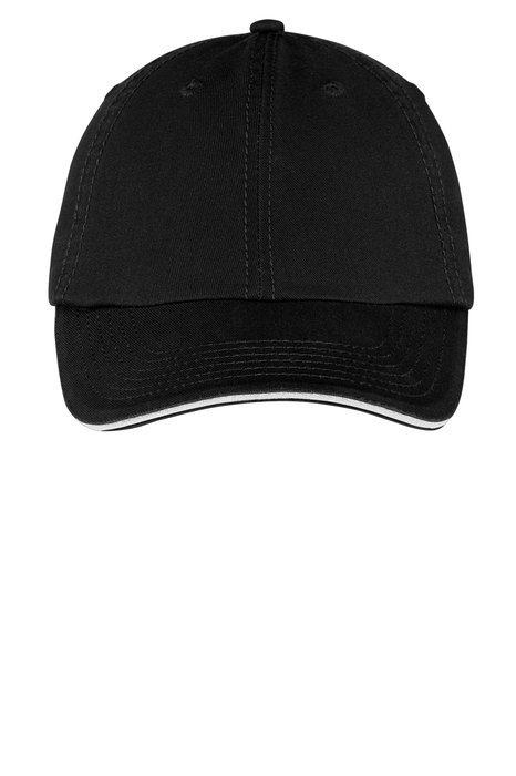 CP79 Port & Company Washed Twill Sandwich Bill Cap Black/ White