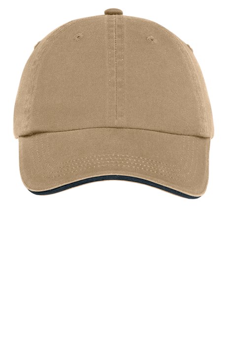 C830 Port Authority Sandwich Bill Cap with Striped Closure Khaki/ Charcoal Blue