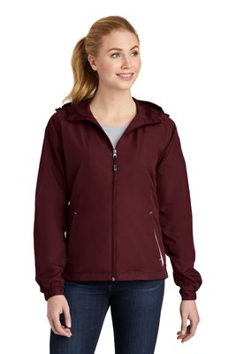 LST76 Sport-Tek Ladies Colorblock Hooded Raglan Jacket Maroon/ White