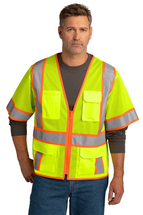 CSV106 CornerStone ANSI 107 Class 3 Surveyor Mesh Zippered Two-Tone Short Sleeve Vest Safety Yellow