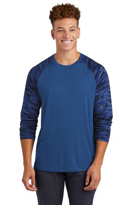 ST376LS Sport-Tek Drift Camo Colorblock Long Sleeve Tee True Royal