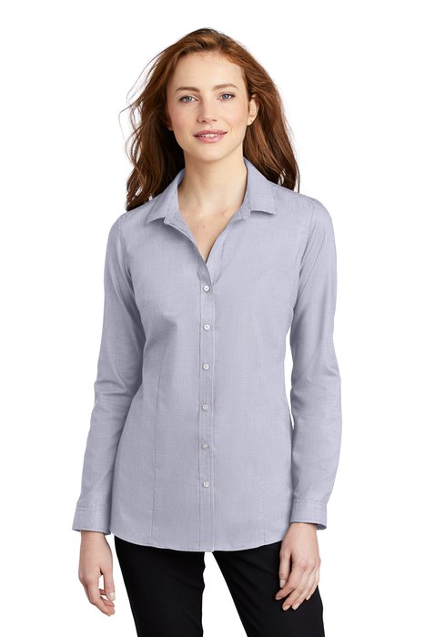 LW645 Port Authority Ladies Pincheck Easy Care Shirt Gusty Grey/ White