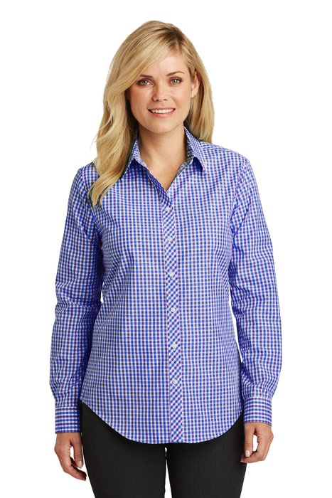 L654 Port Authority Ladies Long Sleeve Gingham Easy Care Shirt Blue/ Purple