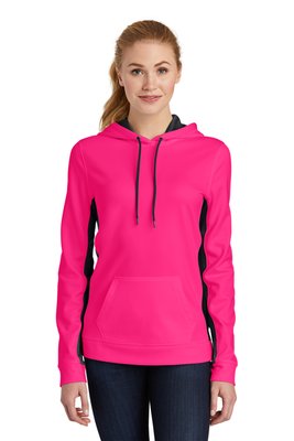 LST235 Sport-Tek Ladies Sport-Wick Fleece Colorblock Hooded Pullover Neon Pink/ Black