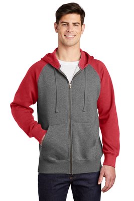 ST269 Sport-Tek Raglan Colorblock Full-Zip Hooded Fleece Jacket Vintage Heather/ True Red