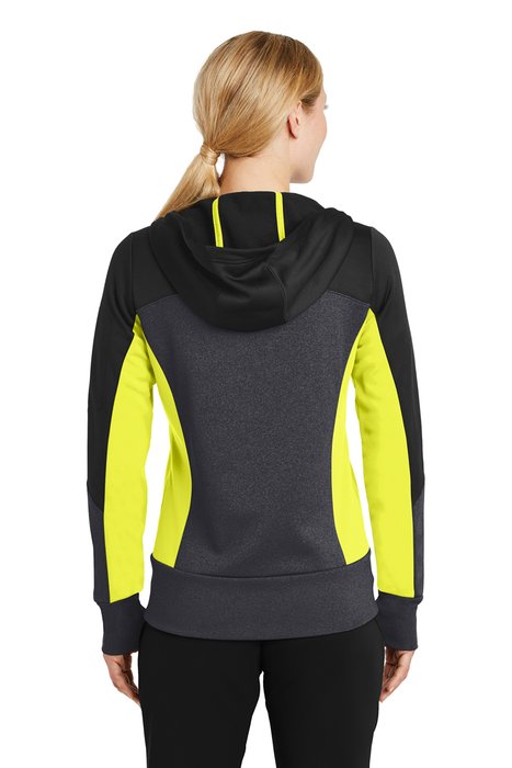 LST245 Sport-Tek Ladies Tech Fleece Colorblock Full-Zip Hooded Jacket Black/ Graphite Heather/ Citron