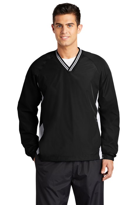 JST62 Sport-Tek Tipped V-Neck Raglan Wind Shirt Black/ White