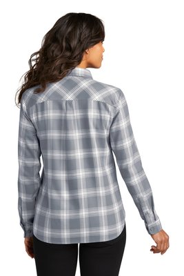 LW669 Port Authority Ladies Plaid Flannel Shirt Grey/ Cream Open Plaid