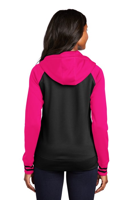 LST236 Sport-Tek Ladies Sport-Wick Varsity Fleece Full-Zip Hooded Jacket Black/ Neon Pink