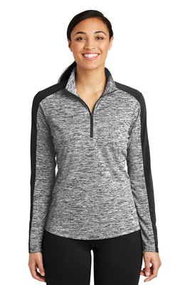 LST397 Sport-Tek Ladies PosiCharge Electric Heather Colorblock 1/4-Zip Pullover Black Electric/ Black