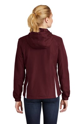 LST76 Sport-Tek Ladies Colorblock Hooded Raglan Jacket Maroon/ White