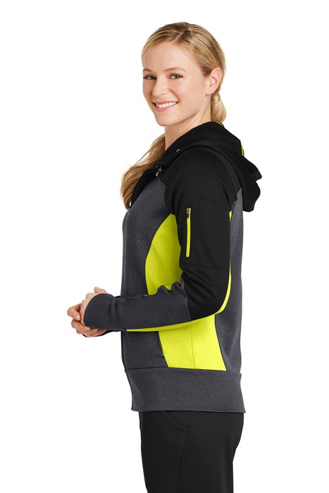 LST245 Sport-Tek Ladies Tech Fleece Colorblock Full-Zip Hooded Jacket Black/ Graphite Heather/ Citron