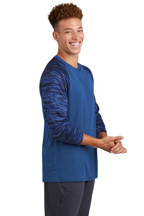 ST376LS Sport-Tek Drift Camo Colorblock Long Sleeve Tee True Royal