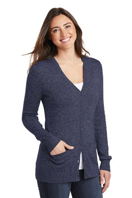 LSW415 Port Authority Ladies Marled Cardigan Sweater Navy Marl
