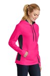 LST235 Sport-Tek Ladies Sport-Wick Fleece Colorblock Hooded Pullover Neon Pink/ Black