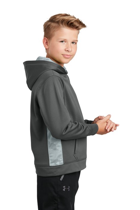 YST239 Sport-Tek Youth Sport-Wick CamoHex Fleece Colorblock Hooded Pullover Dark Smoke Grey/ White
