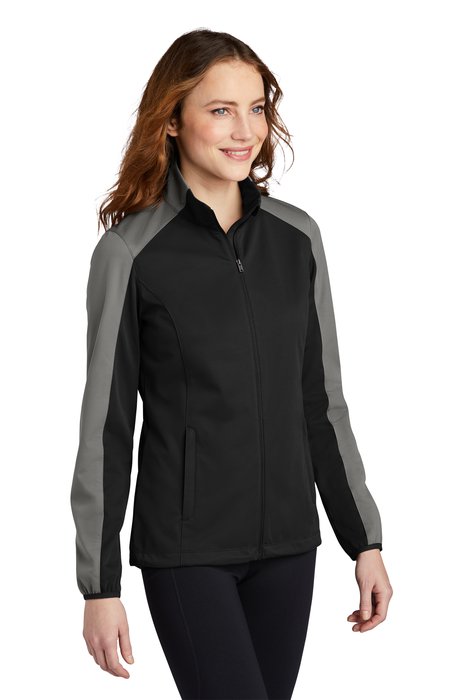 L718 Port Authority Ladies Active Colorblock Soft Shell Jacket Deep Black/ Grey Steel