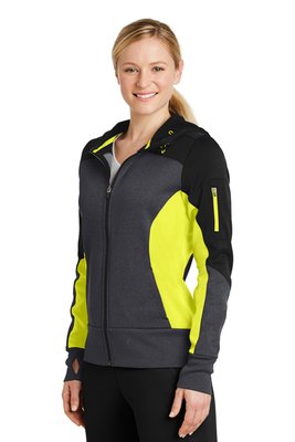 LST245 Sport-Tek Ladies Tech Fleece Colorblock Full-Zip Hooded Jacket Black/ Graphite Heather/ Citron