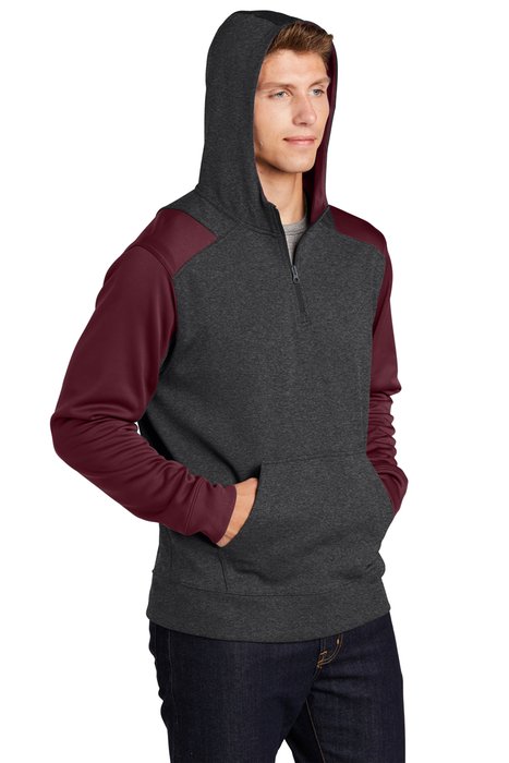 ST249 Sport-Tek Tech Fleece Colorblock 1/4-Zip Hooded Sweatshirt Graphite Heather/ Maroon