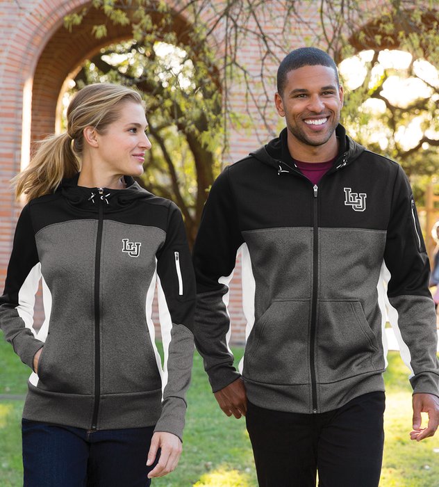 LST245 Sport-Tek Ladies Tech Fleece Colorblock Full-Zip Hooded Jacket Black/ Graphite Heather/ Citron