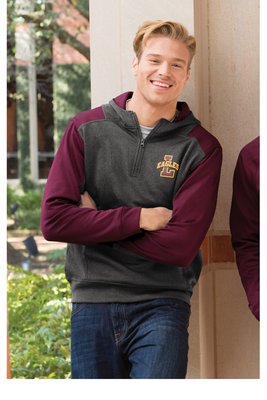 ST249 Sport-Tek Tech Fleece Colorblock 1/4-Zip Hooded Sweatshirt Graphite Heather/ Maroon